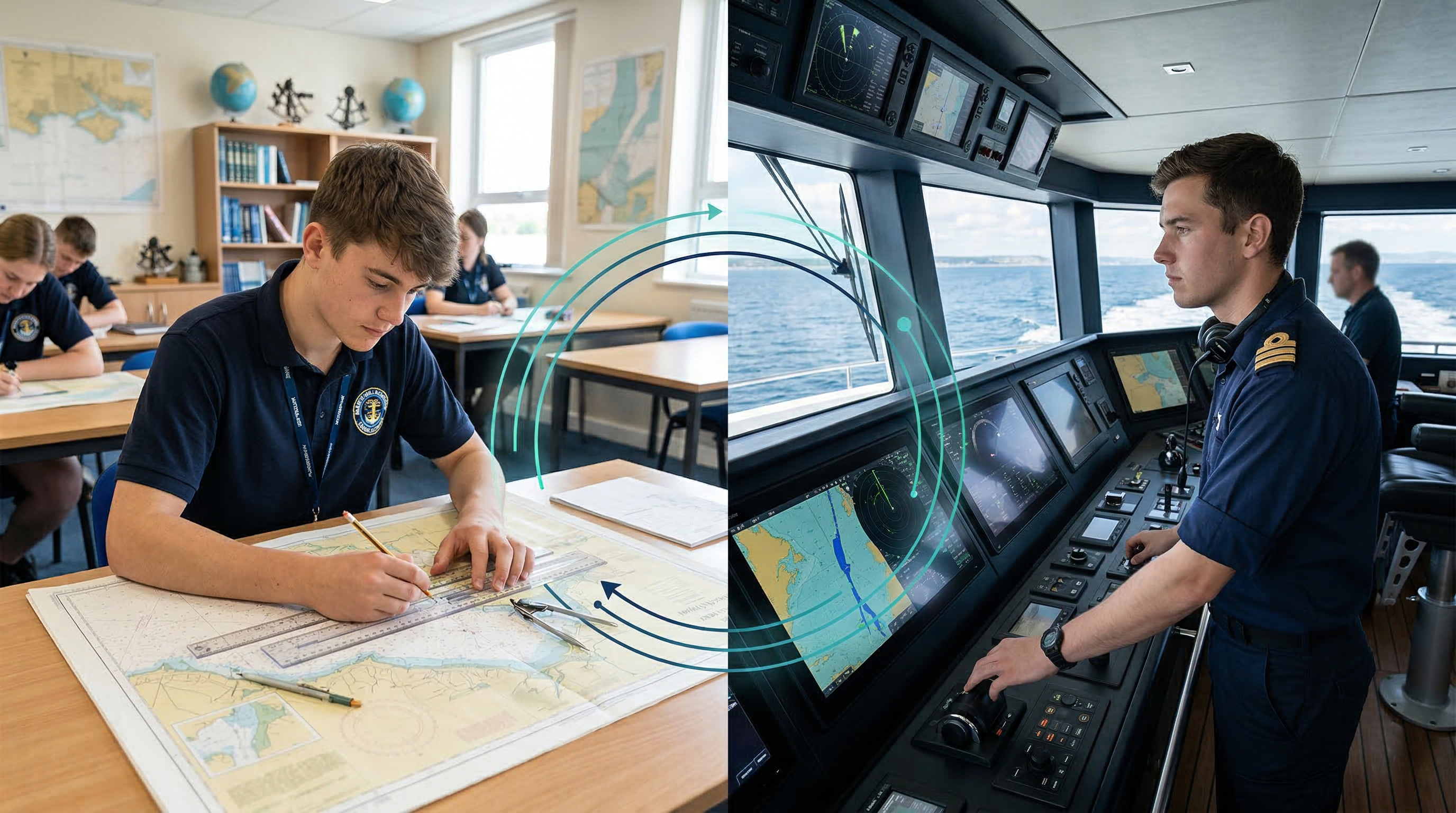 Education to career pipeline: student studying maritime charts transitioning to a professional working on a yacht bridge