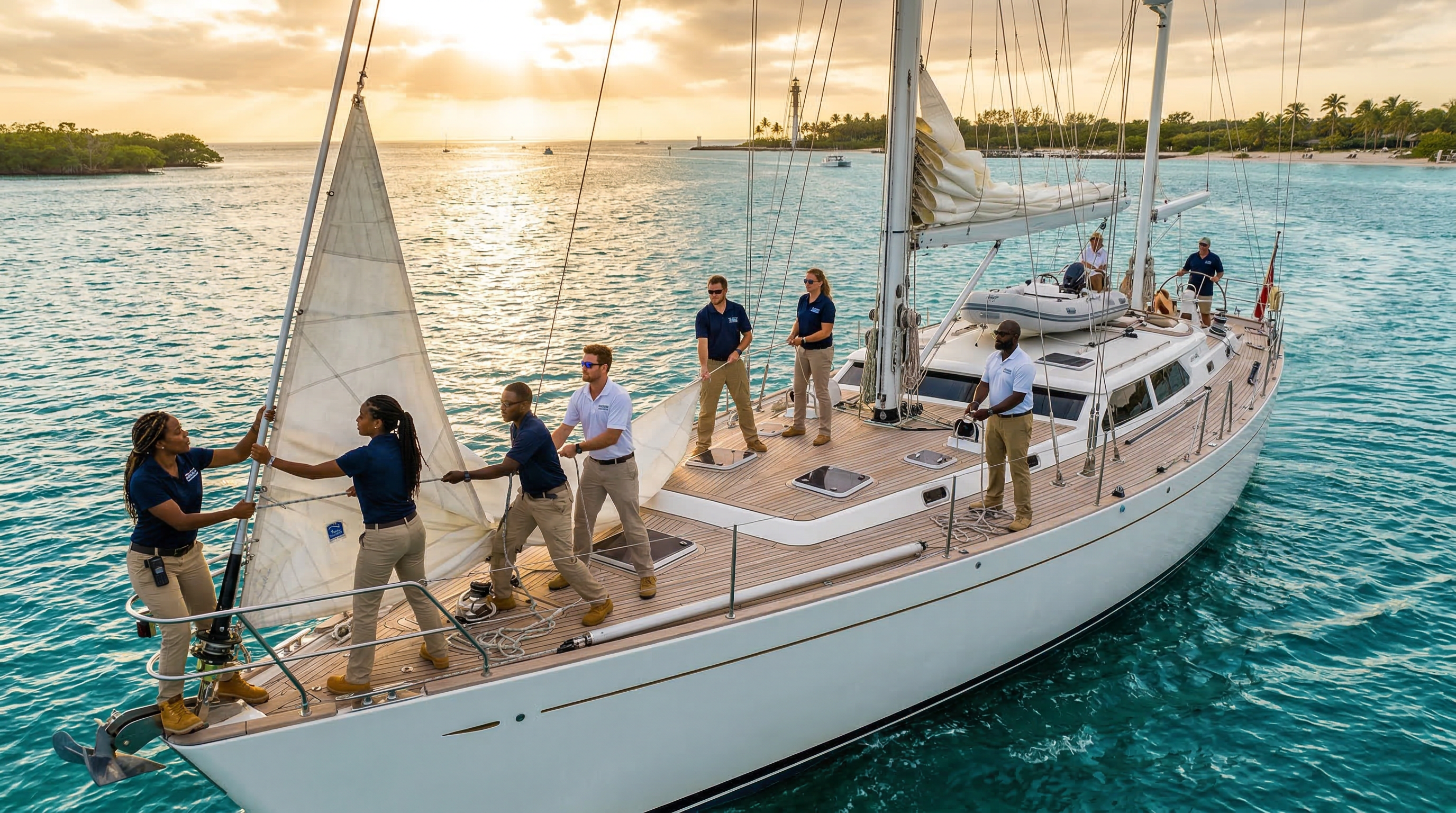 Maritime professionals working together on a yacht deck at golden hour in Florida waters