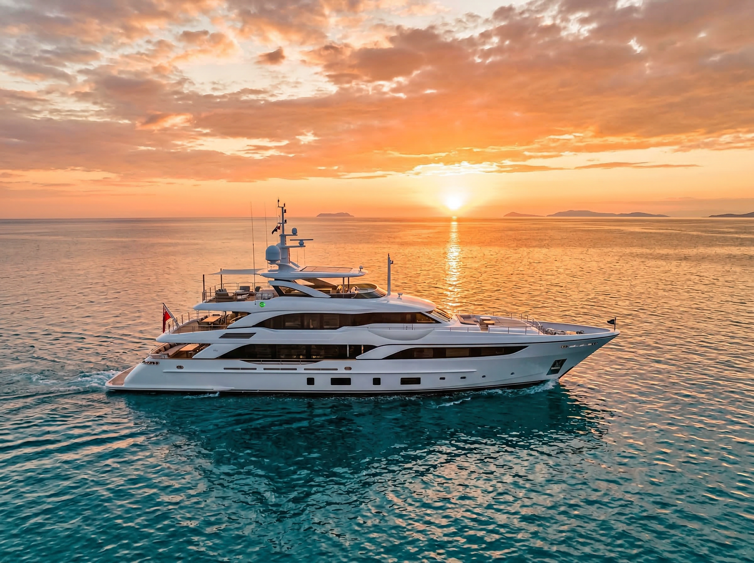 Luxury yacht sailing at golden hour on calm turquoise ocean waters