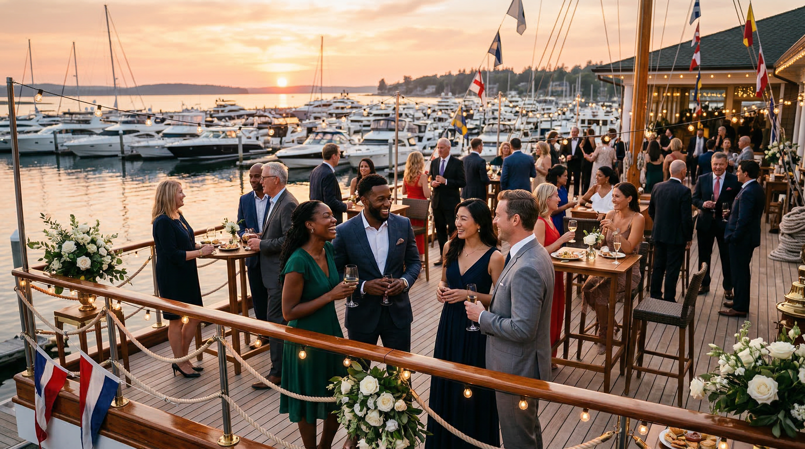 Philanthropic leaders networking at a waterfront event