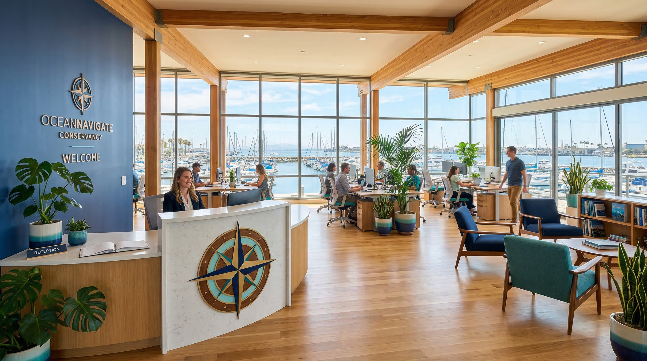 Welcoming office space overlooking a marina with compass rose decoration