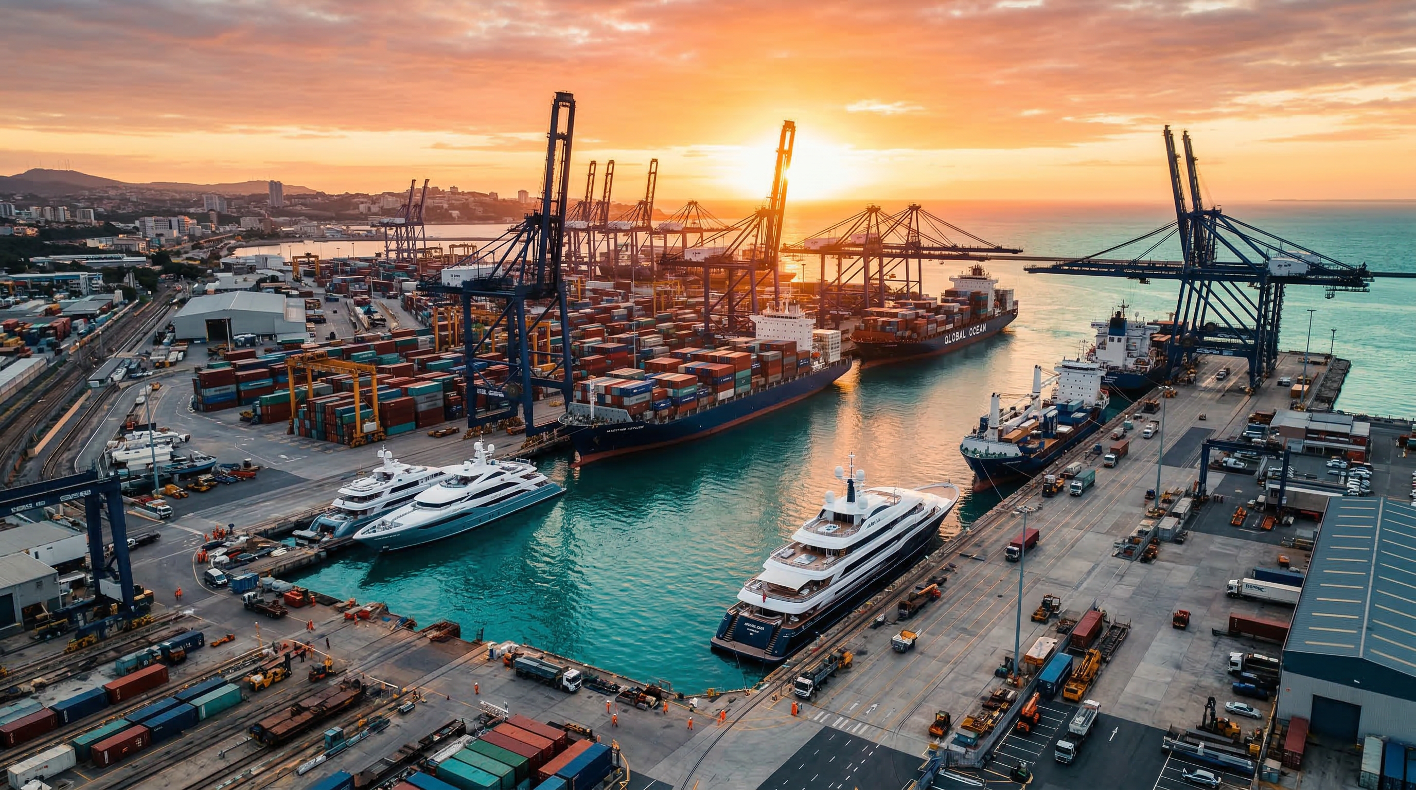 Aerial view of a modern maritime port at sunrise with yachts and cargo ships, representing career opportunities in the marine industry