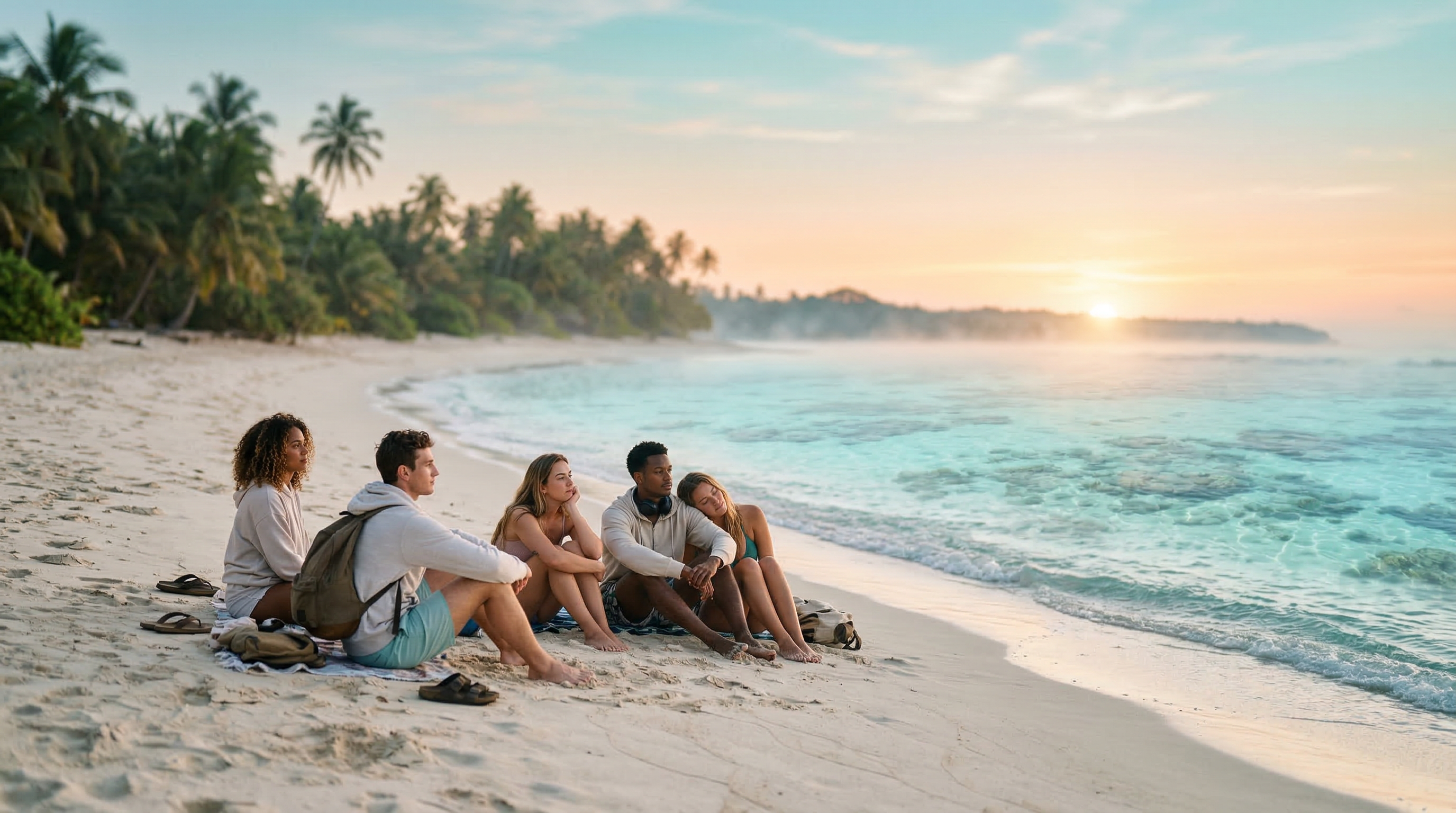 Students sitting together on a calm beach at sunrise, gentle turquoise waves and soft morning light