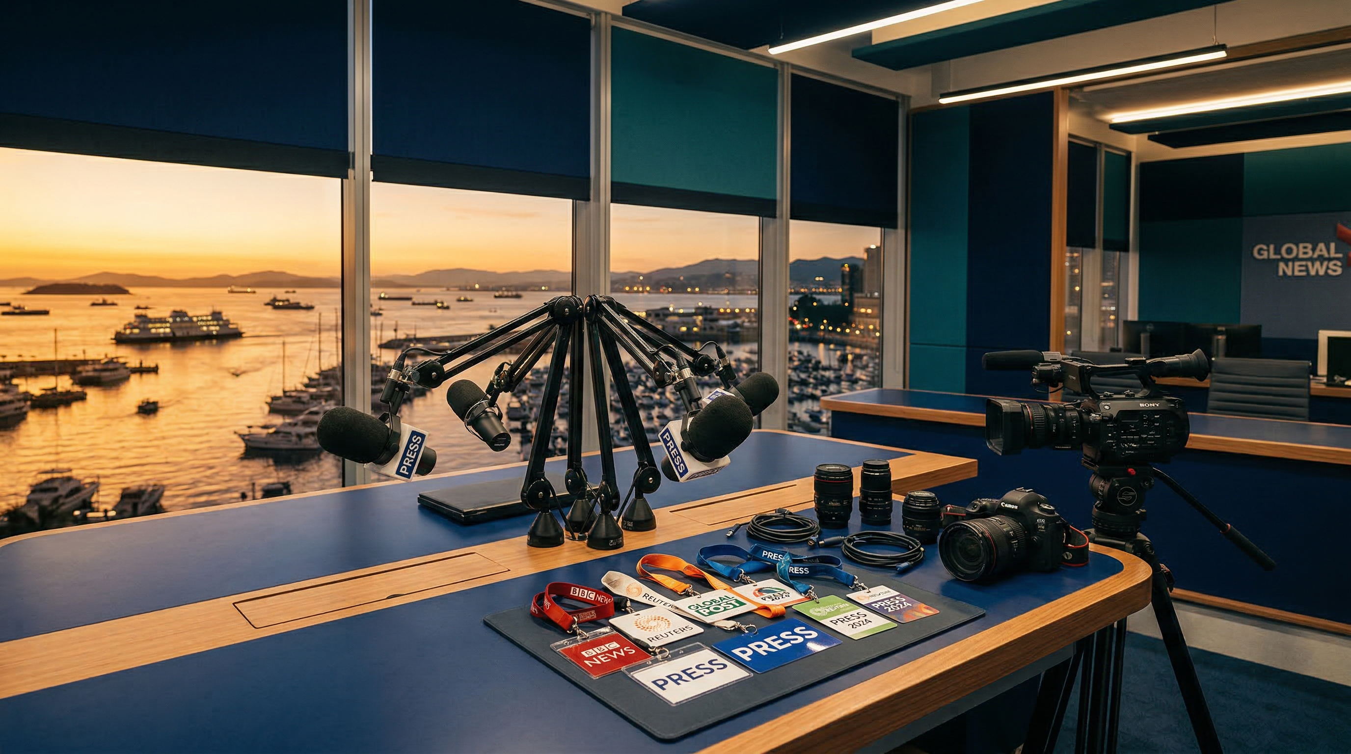 Professional press room overlooking harbor at golden hour