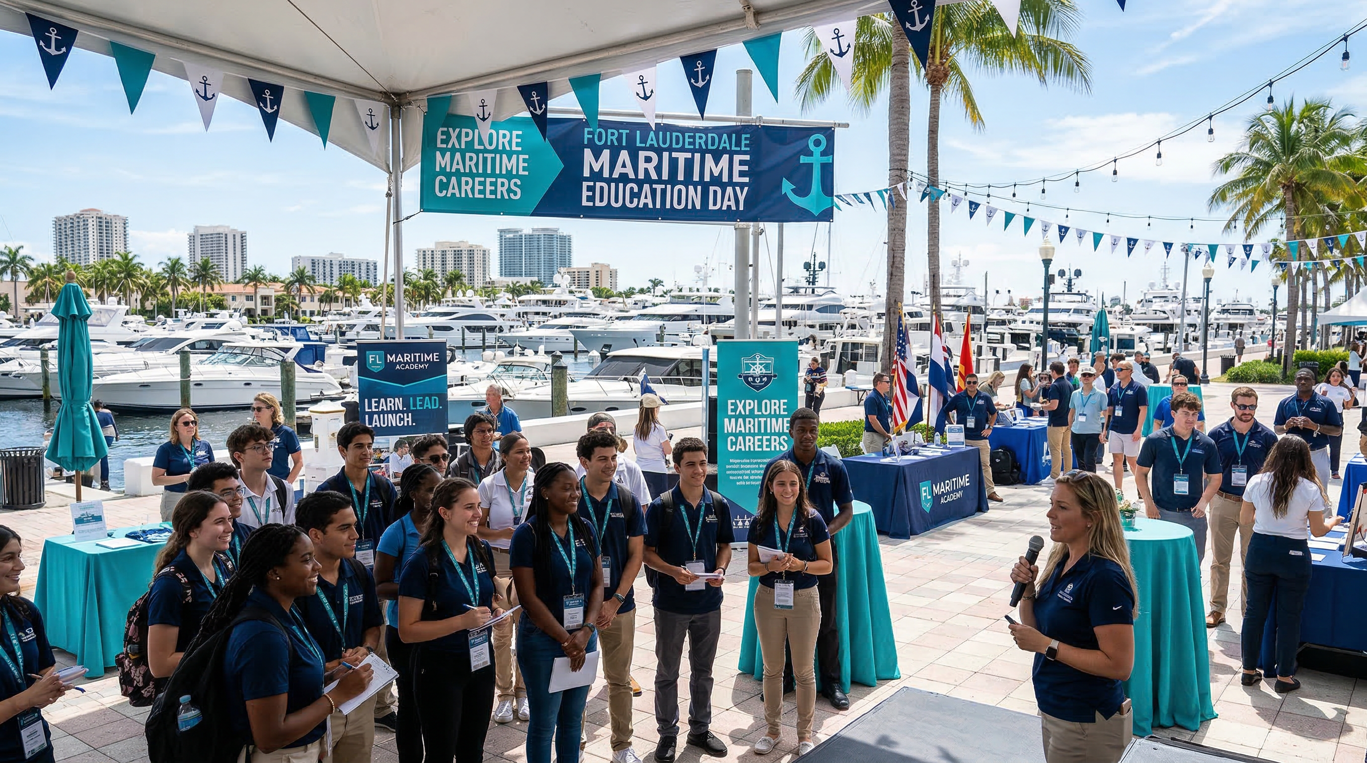 Maritime education event at Fort Lauderdale waterfront with students and yachts