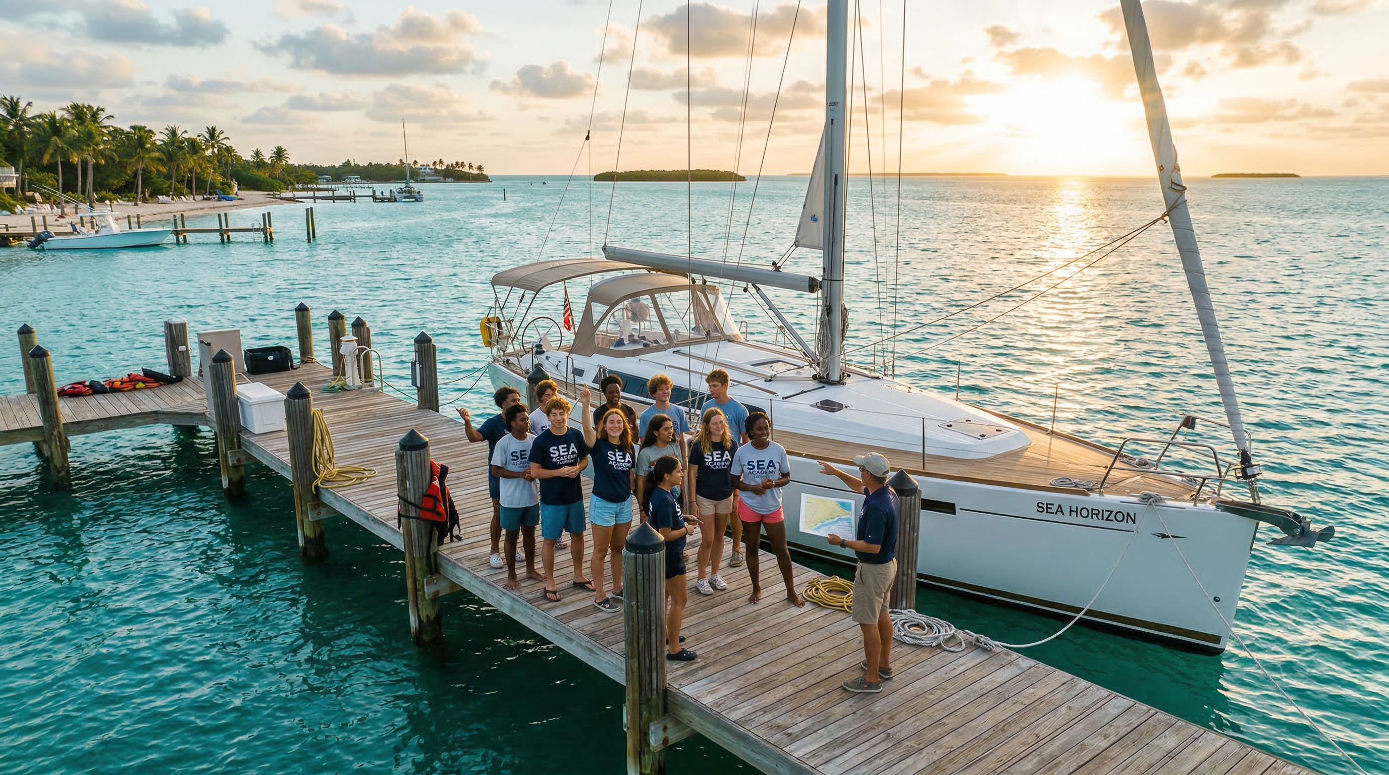 Students learning aboard a yacht at a Florida dock during golden hour